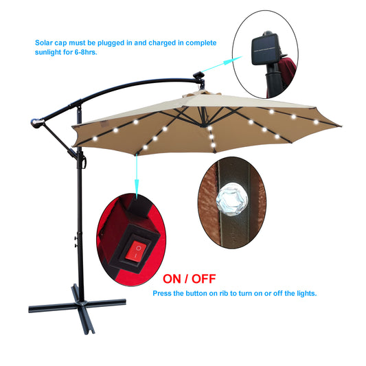 10ft Patio Umbrella with Solar Powered LED Lights, Crank, and Cross Base