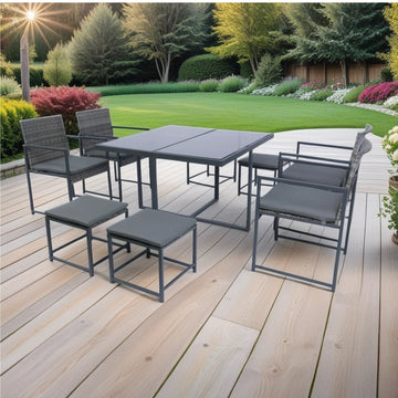 9 Pieces Patio Dining Set - Grey Rattan Chairs - With Glass Table Top and Dark Grey Cushions